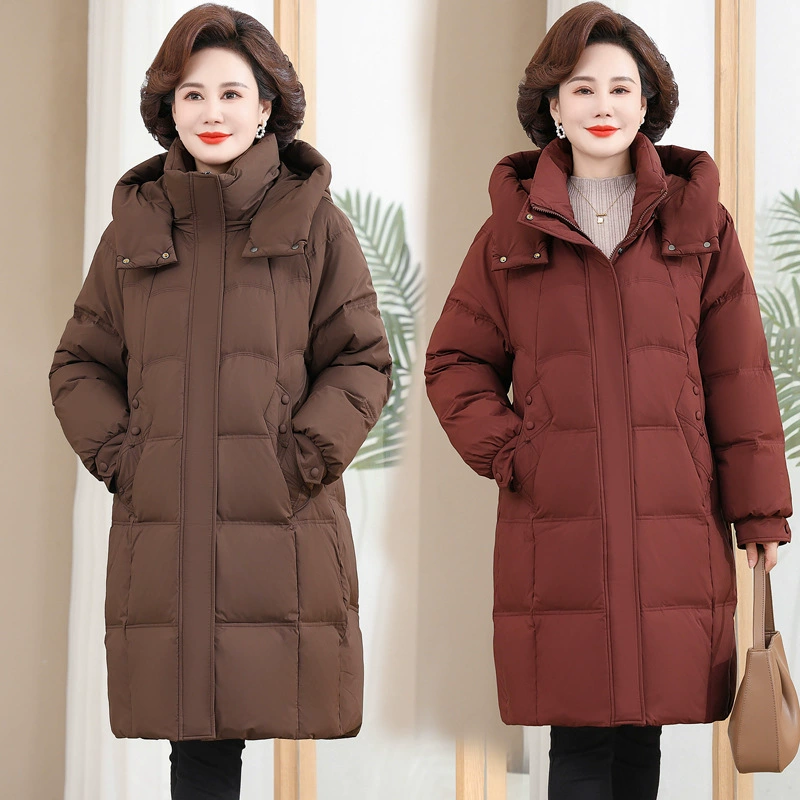 Мама средней и длинной пуховик женский 2024 зима новый средний и пожилой толстый хлебный пиджак съемная шляпа