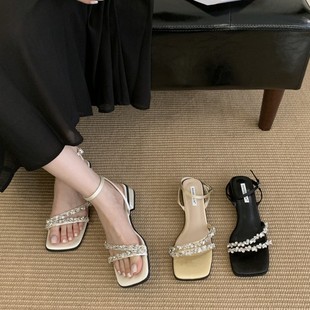 Beautiful God! Summer 2025 New Arrival apricot Rhinestone High Heeled Sandals Women's Summer Square-toe Thin Heeled Shoes for Women