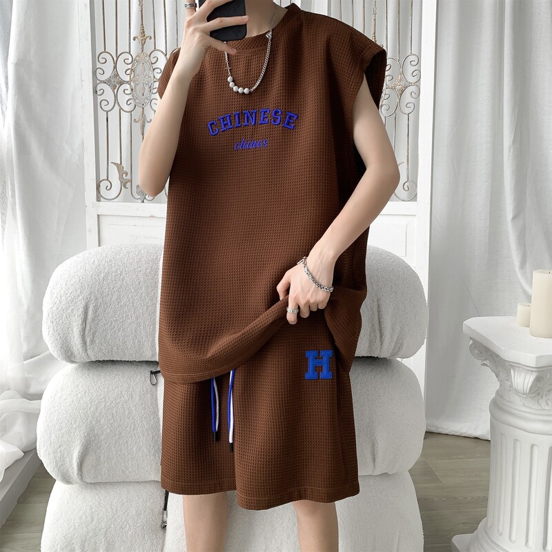 Teen Sports suit Men's Summer Brown Waffles Vest Shorts with Handsome Casual Sleeveless Top