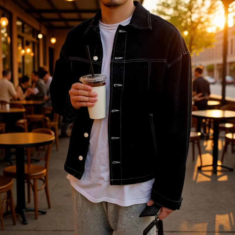 Tiktok Us Warehouse Dropshipping European and American Simple Style Men's Black Casual Denim Jacket