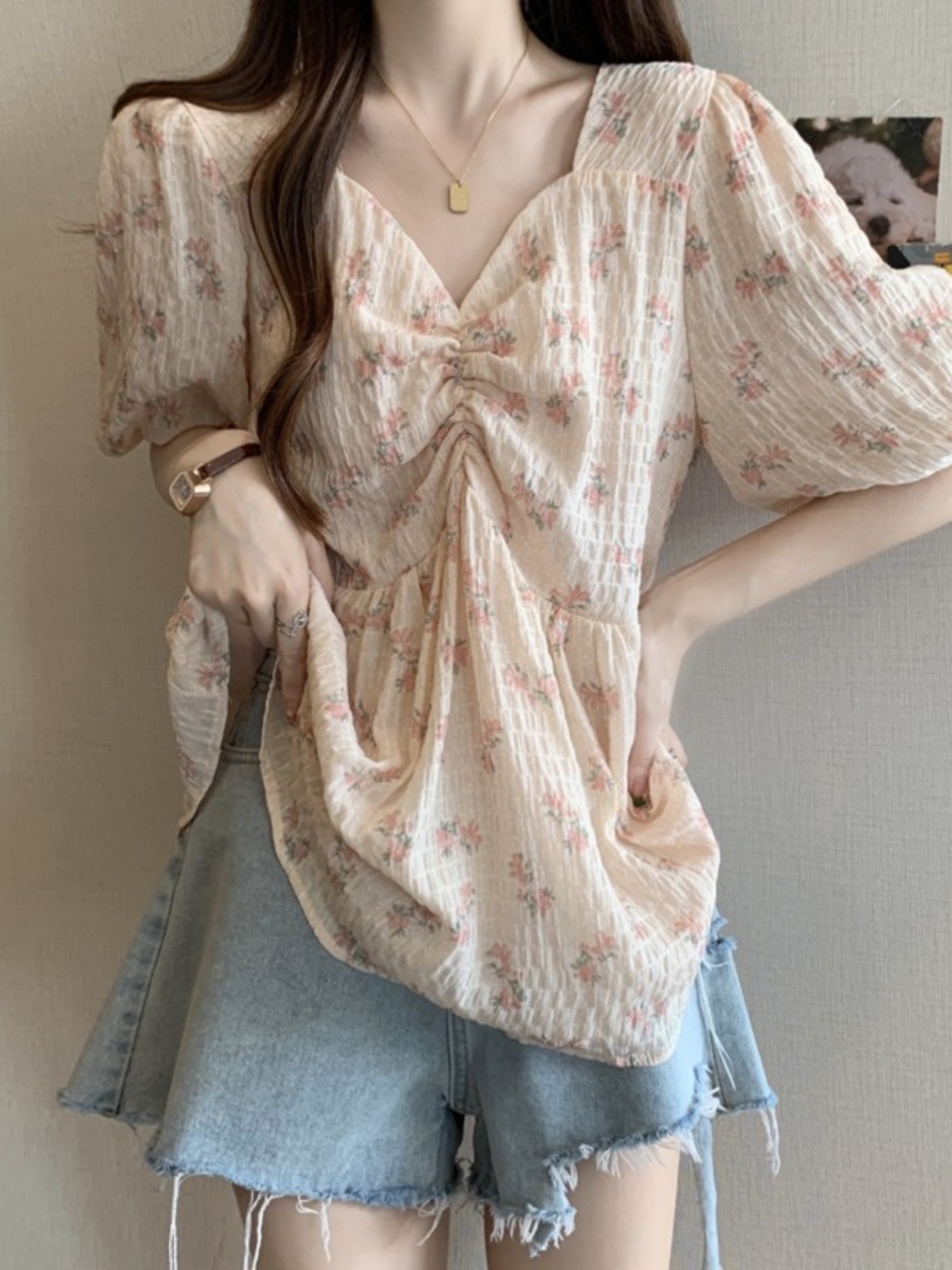 法式V领碎花雪纺短袖衬衫女款夏季大码胖mm巨显瘦遮肚子小衫上衣