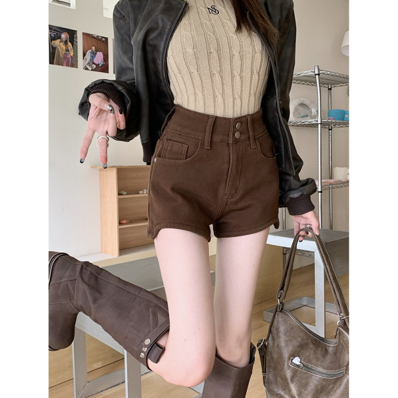 Women's High-Waisted Slimming A-Line Shorts, Hot Pants, High Street American Retro Style, Petite Sexy Straight-Leg Denim, Slim Fit