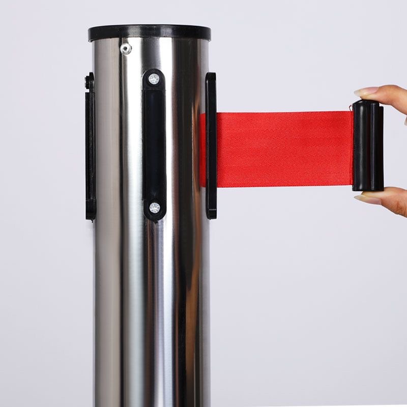 Stainless steel retractable fence warning tape fence with dual exit base reinforcement for banks, airports, subways, and dual exit fences