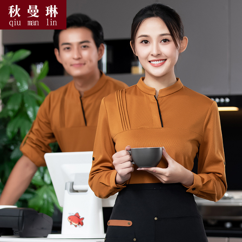Customized Workwear T-Shirts with Logo Printing for Autumn and Winter, Suitable for Restaurant, Catering, Milk Tea, Hot Pot, and Hotel Staff, Long-Sleeved for Women