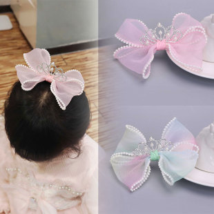 Children's Crystal Crown Bow Hairpin Spring and Summer Multi-layer Pearl Edge Birthday Performance Princess Top Clip Hairpin Headwear