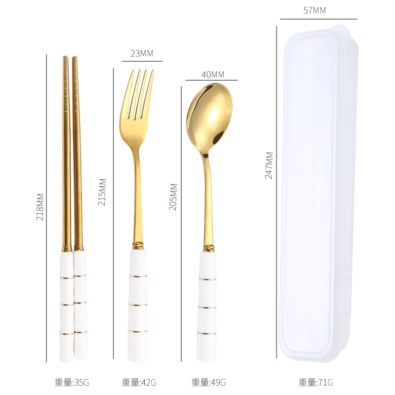 Palillos de acero inoxidable traje de cuchara estudiante vajilla portátil cuchara de tres piezas tenedor caja de almacenamiento de mango de cerámica