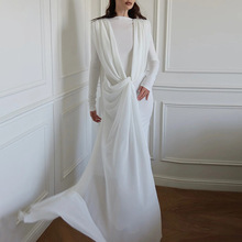 跨境外贸高级感连衣裙2025秋冬新款拼接长袖不规则扭结长款连衣裙