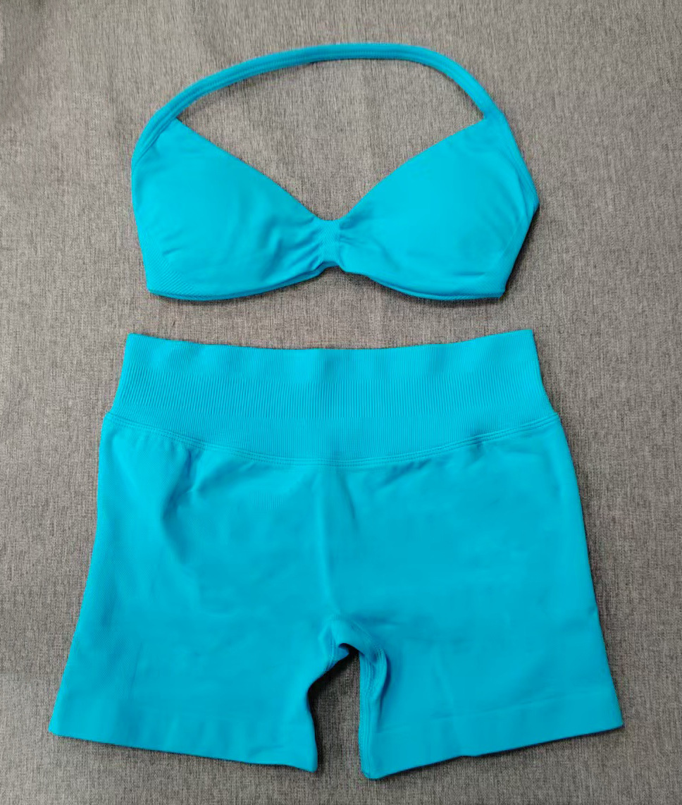 Conjunto DF Amazon pantalones cortos explosivos sujetador pequeño alto elástico superfino nailon halter cuello hermoso chaleco deportivo trasero