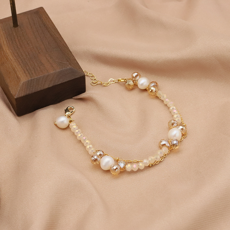 Pulseras de perlas de agua dulce naturales polvo de proteína de cristal simple temperamento polifacé pulseras de oro real de 18k joyas de pulseras galvanizadas