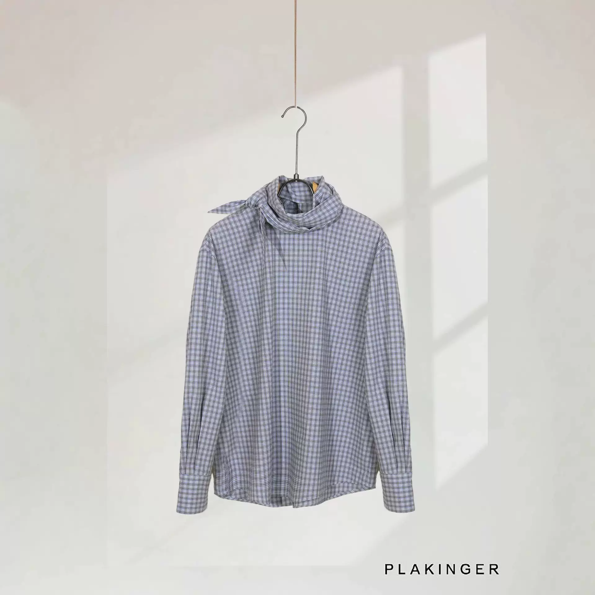 小众设计感全棉剪刀领系带廓形格纹衬衫女26早春新品时髦百搭上衣