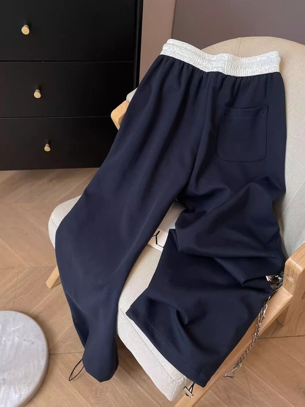 撞色高腰运动卫裤女秋季休闲直筒宽松慵懒松弛感百搭藏蓝色裤子潮|undefined