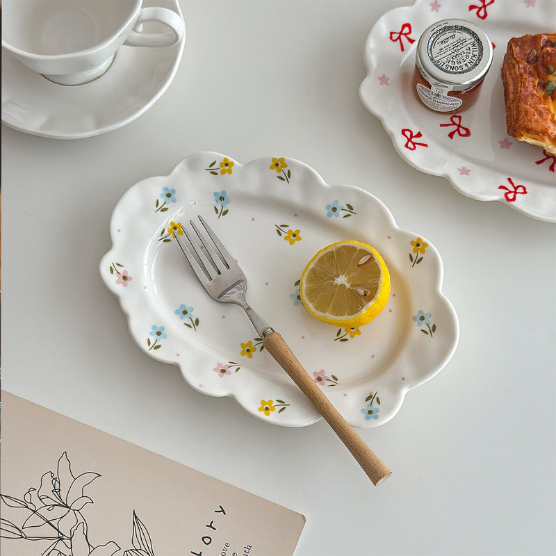 Mooney Ins Small Fresh Floral Bow Flower Plate Afternoon Tea One-Person Food Set Pasta Plate Dessert Plate