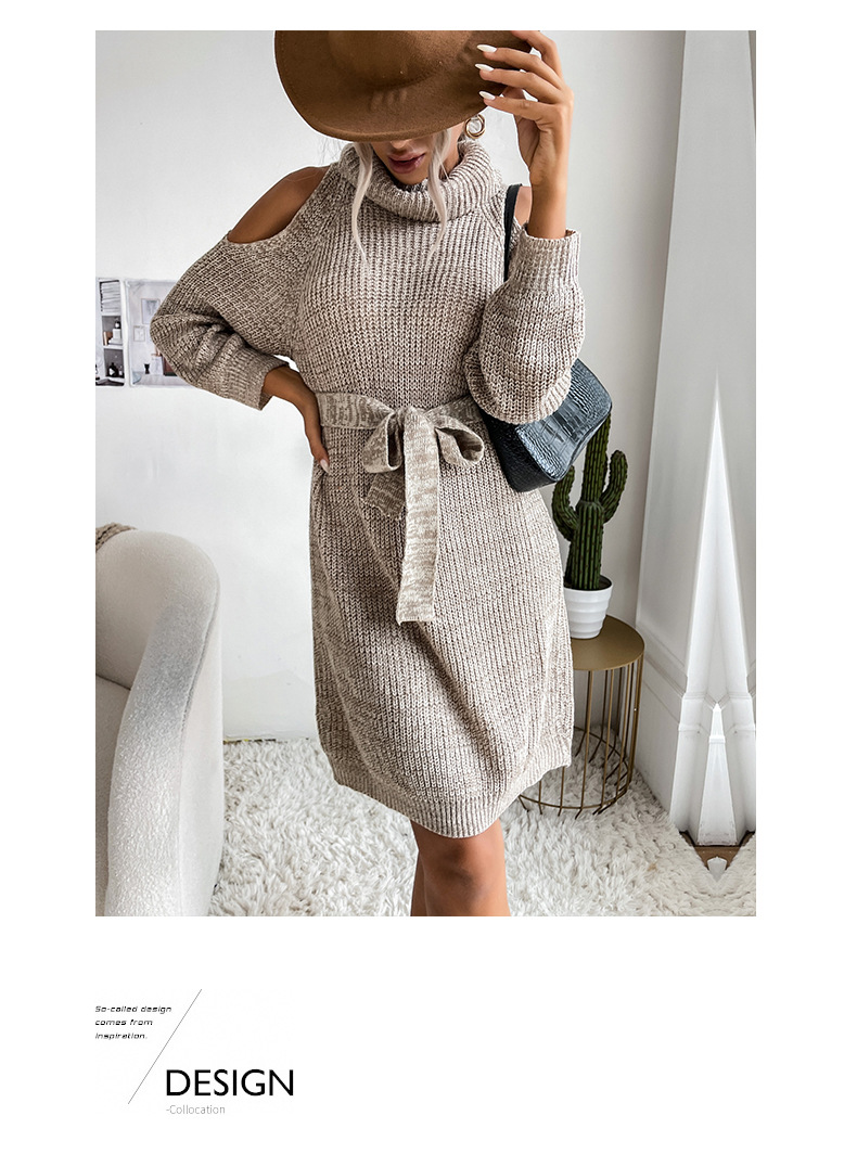 turtleneck lace-up hollow off-shoulder knitted sweater dress nihaostyles wholesale clothing NSDMB88726