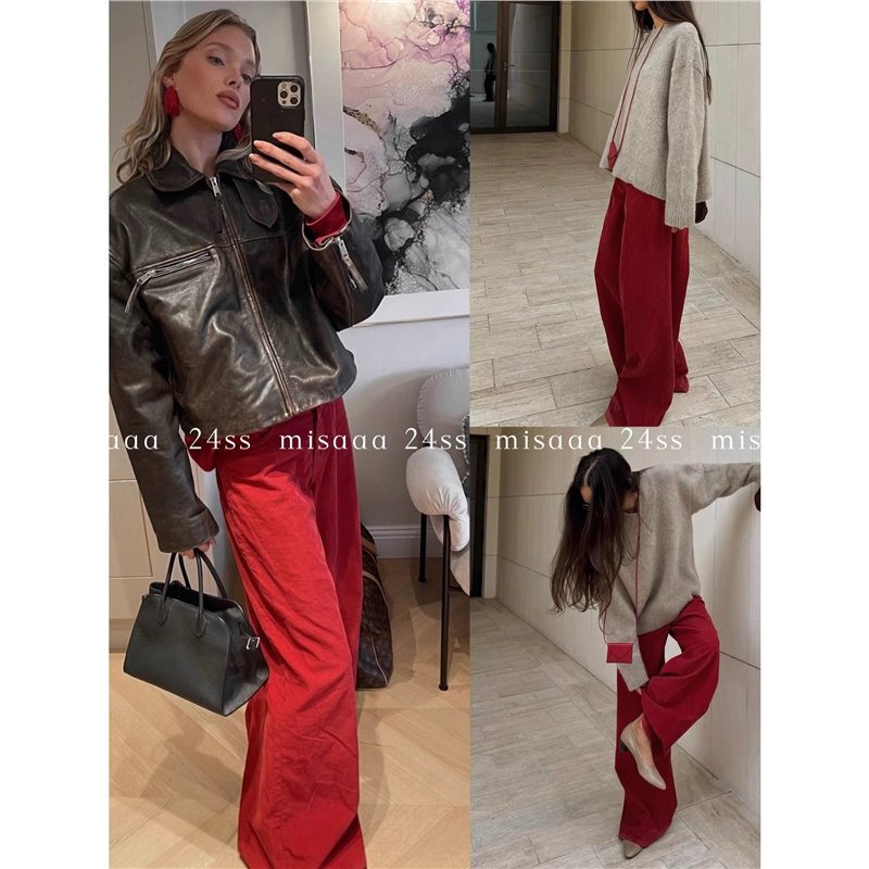 God Pants of the Year! Row Style Good Style Retro Red Middle Waist Wide Leg Wide Leg Straight Corduroy Pants Women Autumn and Winter