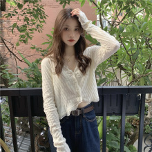 韩版V领蕾丝边长袖衬衫女夏季设计感百搭甜美气质显瘦针织衫上衣