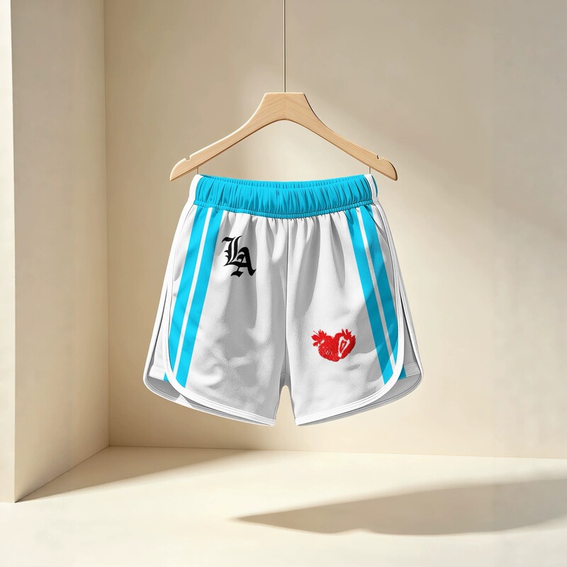 American-style sweet and cool cute print gym shorts, women's side blue stripe split wide-leg home and beach shorts