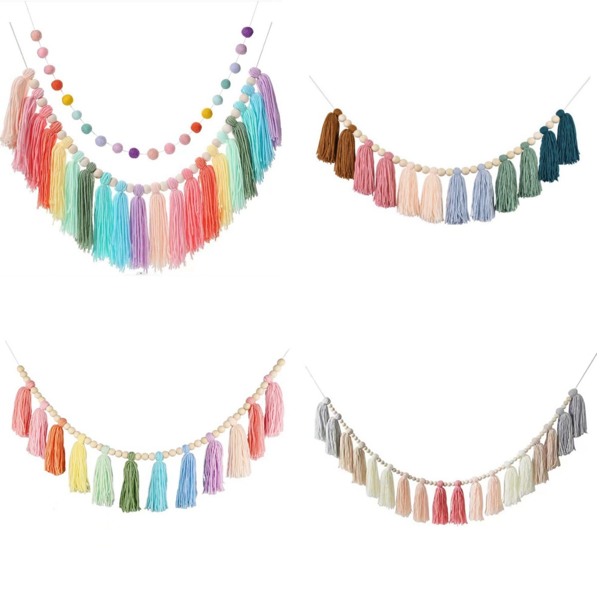 2024 cross-border ins Estilo nórdico conjunto completo de cuentas de madera Bola de piel borla cadena adornos tejidos cadena decoración de la pared colgante de pared