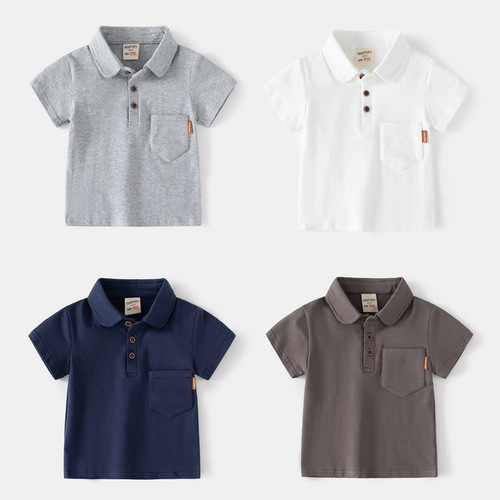 Boys short-sleeved T-shirt 2024 new children's solid color polo shirt baby summer top pocket label fashion lapel