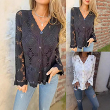 2025跨境新款亚马逊独立站欧美TEMU女装蕾丝花边V领长袖上衣女