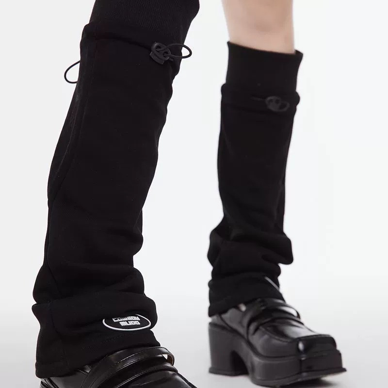 Retro denim gaiters, mid-length, distressed knee design, adjustable strap, one size