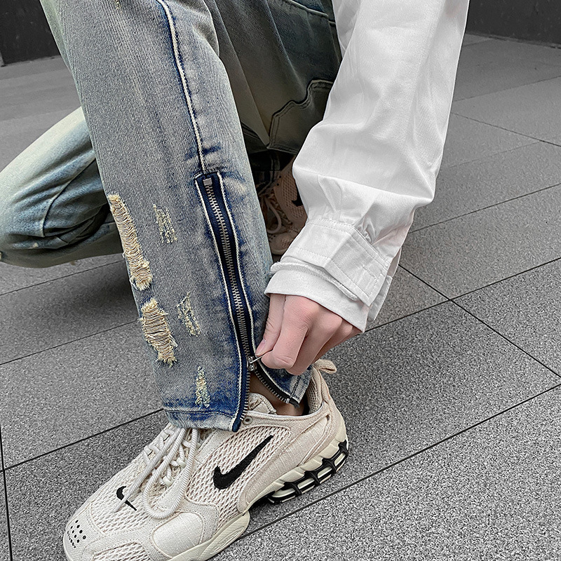 LKTM Men's# High Street Ripped Jeans Men's Yellow Mud Dyed American Fashion Brand Loose Straight Retro Washed Pants
