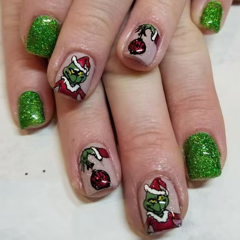 Green Grinch Christmas Lantern Short Square Armor Christmas Element Fake Nail Finished Wear Armor Holiday Nail Art Green Grinch Christmas Lantern Short Square Armor Christmas Element Fake Nail Finished Wear Armor Holiday Nail Art