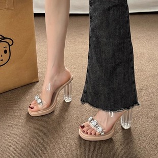 High Heels Women's Outer Wear 2025 Summer New Style French Thick Heel Rhinestone Transparent Crystal Sandals Women's Slippers Women's Shoes