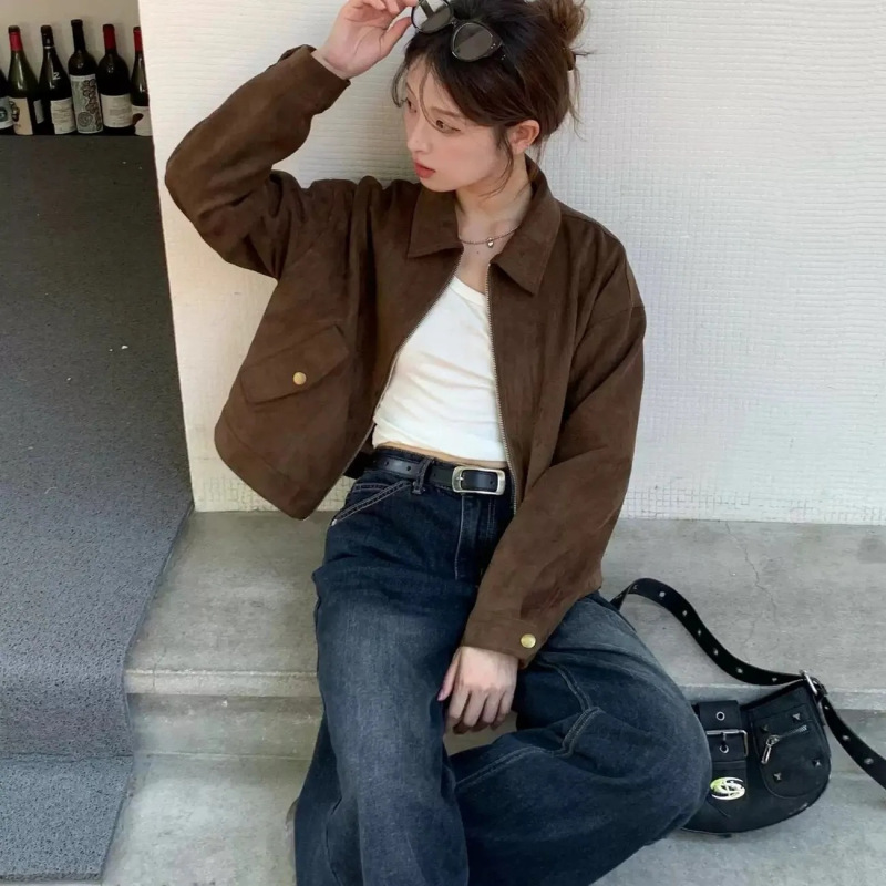 American Retro Brown Suede Short Jacket for Women in Spring & Fall New Style Super Nice Elegant Casual Jacket Top Trendy