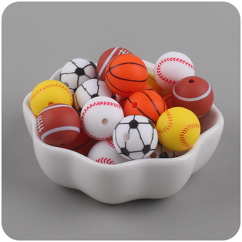 15mm de dibujos animados de fútbol de impresión de calidad alimentaria cuentas de silicona joyería de bricolaje chupete cadena mordedor pulsera collar accesorios pequeños