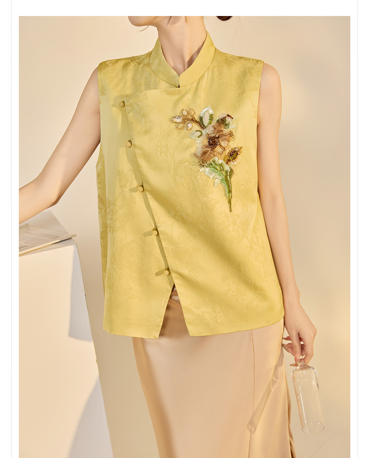 Áo vest cổ đứng thêu hoa văn kiểu Trung Quốc mới, bộ áo vest và chân váy đính hạt sang trọng phong cách dân tộc mới N6032 — gừng vàng chi tiết 9