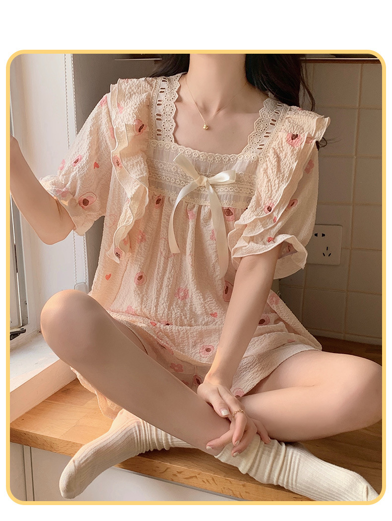 法米姿 短袖睡衣夏季女泡泡棉女士公主风夏款甜美少女家居服套装