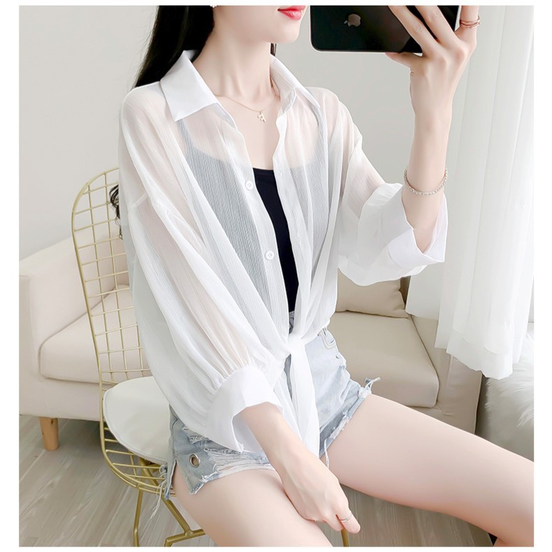 Chiffon air-conditioning shirt, transparent top, sheer sun-protection garment for women—outdoor summer wrap with tie-up design, short and casual sunscreen blouse