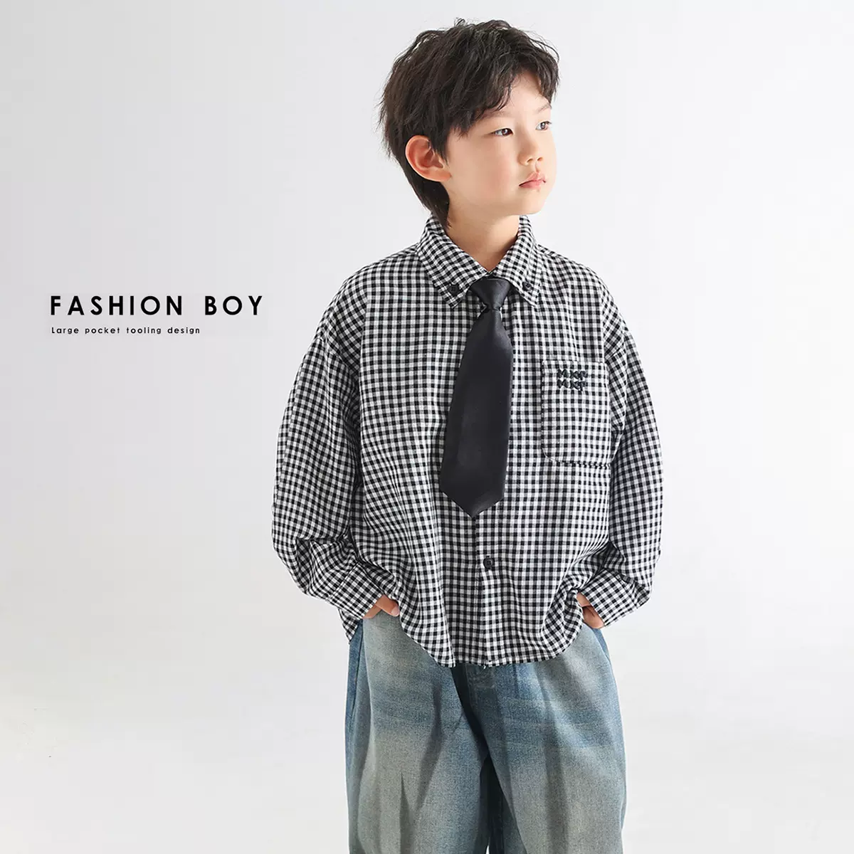 男童秋款衬衫2025新款儿童秋季韩版领带格子童装简潮宽松宝宝衬衣