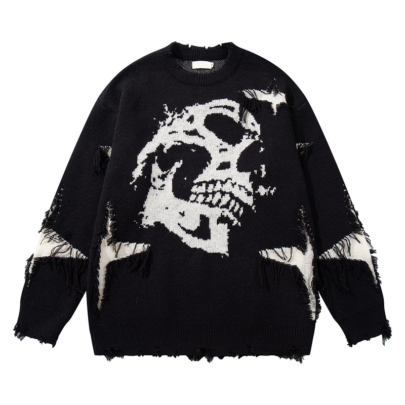 Men's 2025 New American Hip-Hop Trendy Brand Distressed Cut Skull Jacquard Sweater Thick Knitwear Export