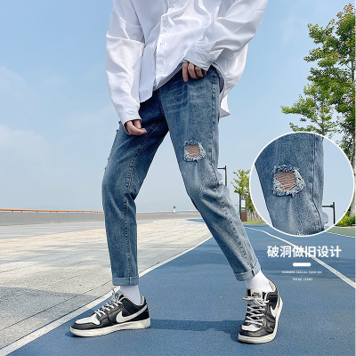 夏秋牛仔褲男小衆長褲子潮牌破洞九分褲男式牛仔褲現貨ZWD1253101