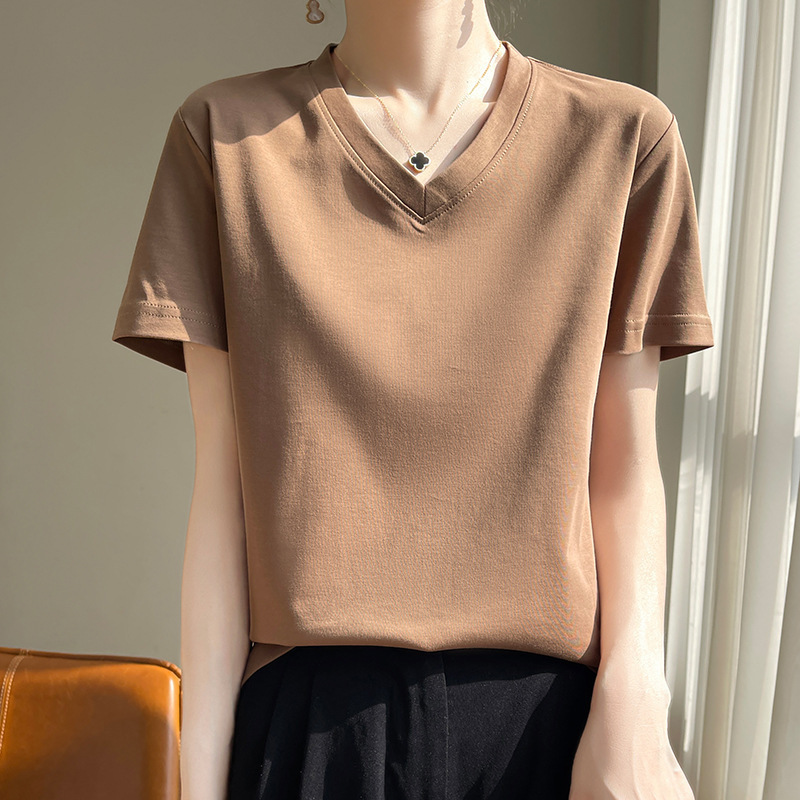 high quality-proof mercerized cotton short-sleeve T-shirt women's V-neck casual loose-fit all-match sweat-absorbent breathable bottoming top vest