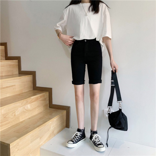 Black denim five-pocket women's summer stretch high-waisted tight shorts for slimming straight-leg cycling pants trendy