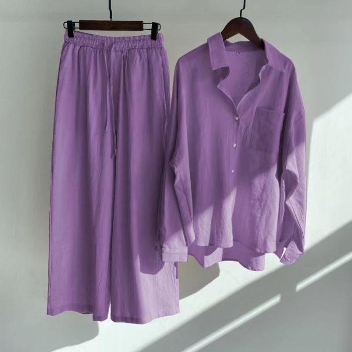 Women's Clothing Women's Retro Plus Size Cotton Linen Shirt Set High Waisted Loose Fitting Trousers Two Piece Set 20 Colors_ecoleips.com