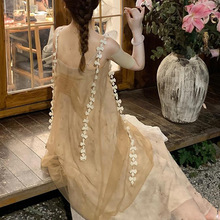 茶歇法式花蝶仙气质仙女新中式国风网纱假两件吊带连衣裙A字长裙