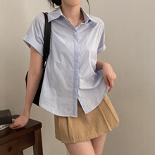 现货 夏季韩国chic简约修身显瘦卷袖短袖衬衣女