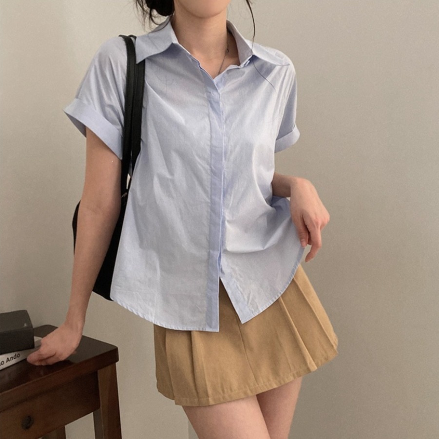 现货 夏季韩国chic简约修身显瘦卷袖短袖衬衣女