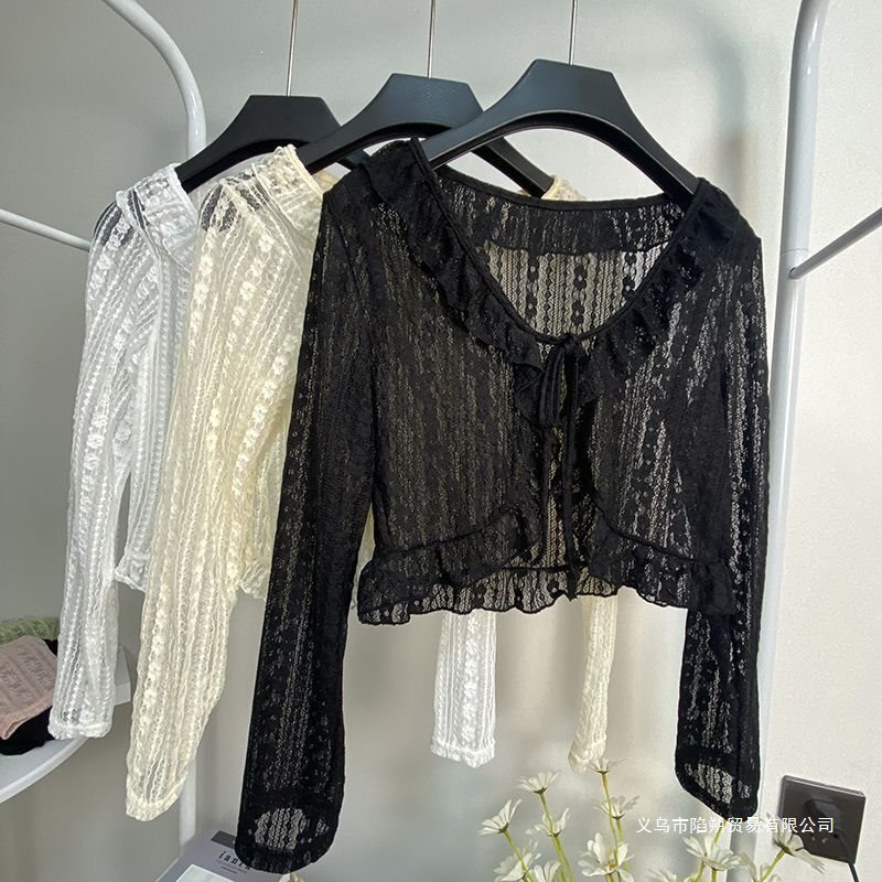 Lace-Up Collar Ruffled Lace Sun Protection Shirt for Women, Summer Thin Chiffon Shirt, Long-Sleeved Short Cardigan Jacket Top Lace-Up Collar Ruffled Lace Sun Protection Shirt for Women, Summer Thin Chiffon Shirt, Long-Sleeved Short Cardigan Jacket Top
