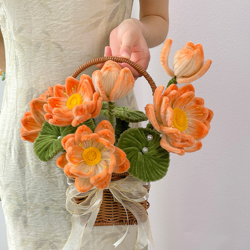 Hecho a mano DIY Twisted stick Lotus bouquet paquete material cesta de flores artificiales regalo cumpleaños del Día San Valentín para la novia