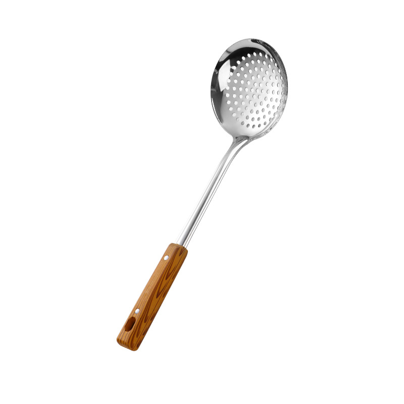 Juego de utensilios de cocina de acero inoxidable para cocinar aislamiento térmico engrosado mango de grano de madera espátula colador cuchara de sopa al por mayor utensilios de cocina domésticos