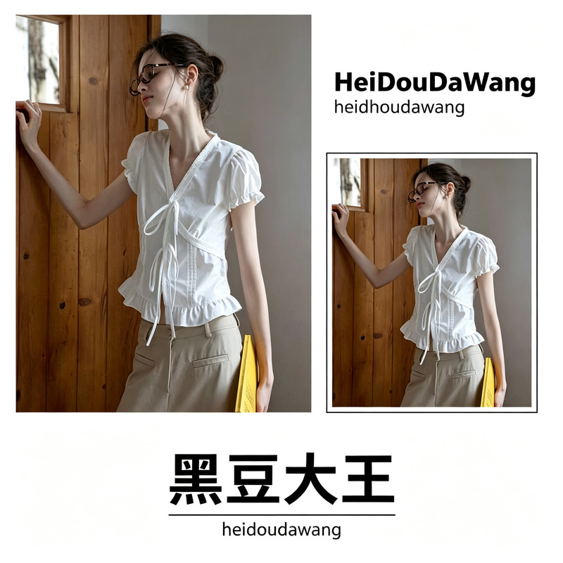 White tie-neck puff sleeve shirt for women, summer ruffle design, short style, elegant and slimming top White tie-neck puff sleeve shirt for women, summer ruffle design, short style, elegant and slimming top