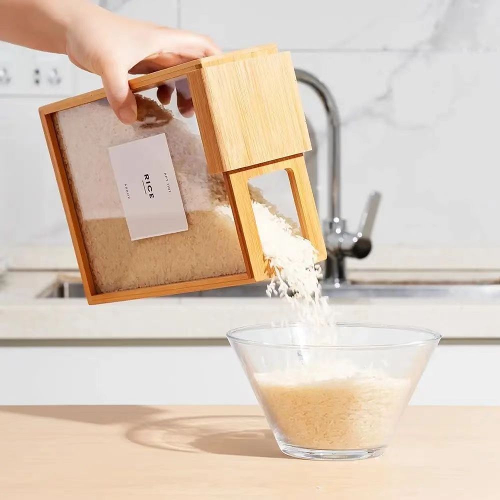 Caja de almacenamiento de alimentos al contado Cocina de madera Avena Cubo de almacenamiento de granos integrales Dispensador de granos de madera de bambú