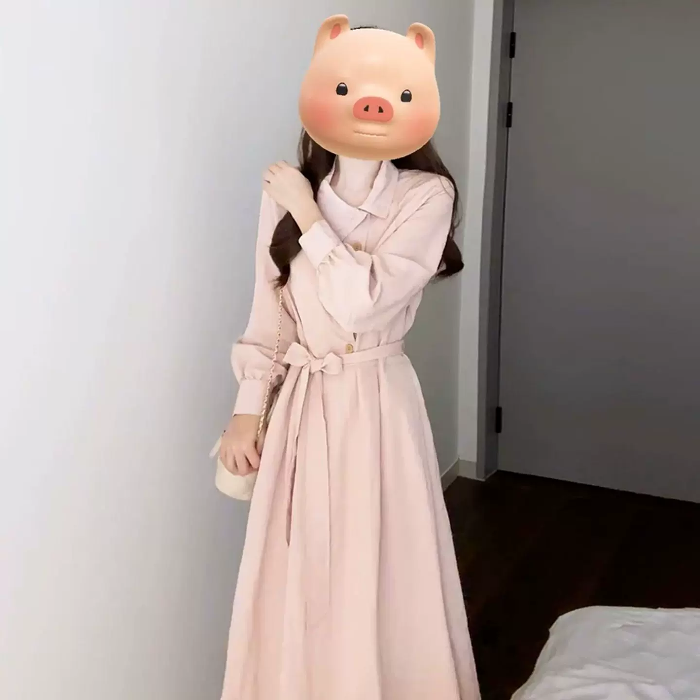 2026新款收腰法式气质粉色长袖衬衫连衣裙子女春秋季穿搭显瘦长裙