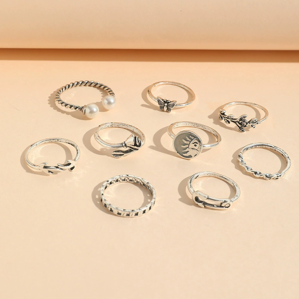 Retro pearl ring set, European style, silver-color stackable rings, multi-piece design