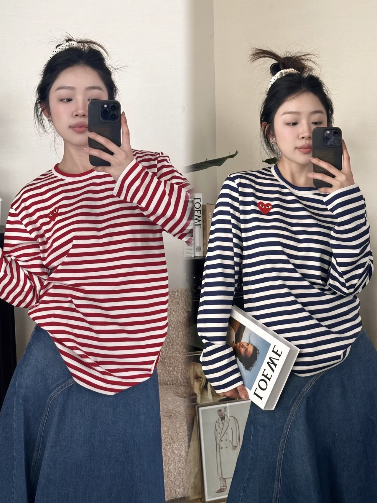 25春秋トレンドブランド刺繍ハート柄ストライプTシャツレディース純綿長袖ハート柄インナーシャツカップルTシャツ男女兼用