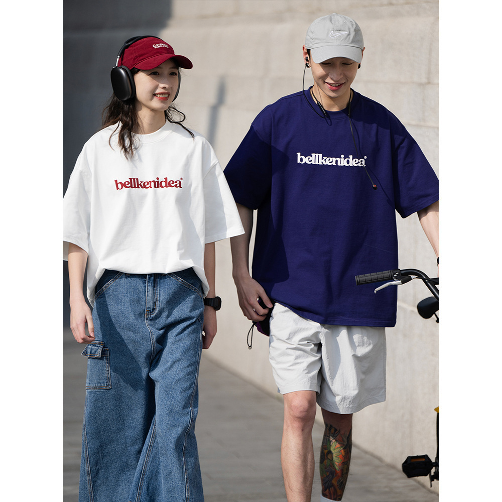 BEKEN早起き純綿300g重ポンドシンプルプリント半袖tシャツ男女ゆったり形上着ファッション